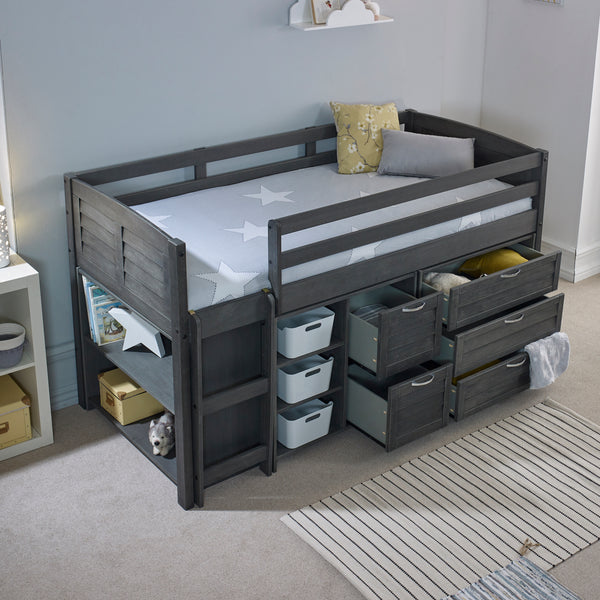 Evan twin loft bed with bookcase online and drawers