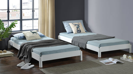 White Wooden Stacking Bed, 3in1 Guest Bed, 2 Layer Space Saving Bed Frame, Converts to 2 Single Day Beds