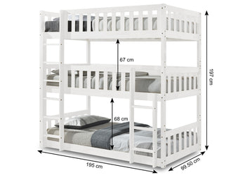Lydia Triple Bunk Bed With Ladder in WHITE, Wooden High Sleeper Kids Bunk Bed, Solid Rubberwood Bed Frame, Children's Bedroom Furniture, With or Without Mattresses