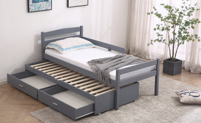 Captain Wooden Bed with Trundle, Storage Drawers and Safety Guard Rail